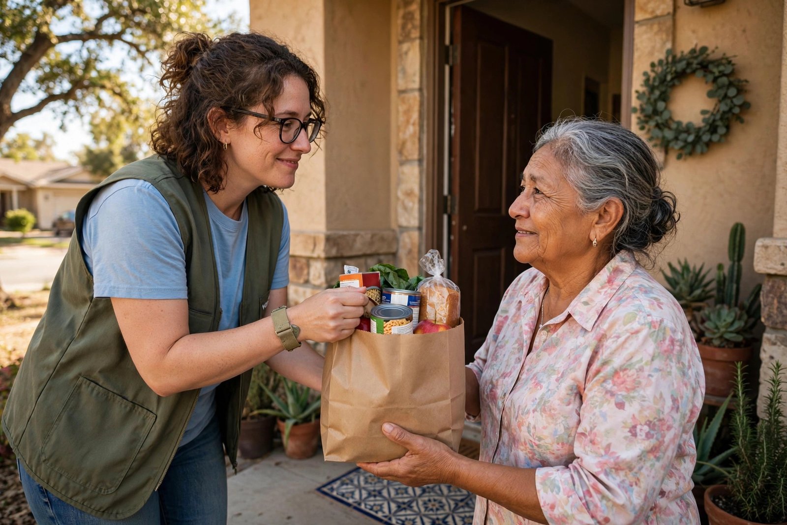 A volunteer handing a bag of free emergency groceries to a neighbor