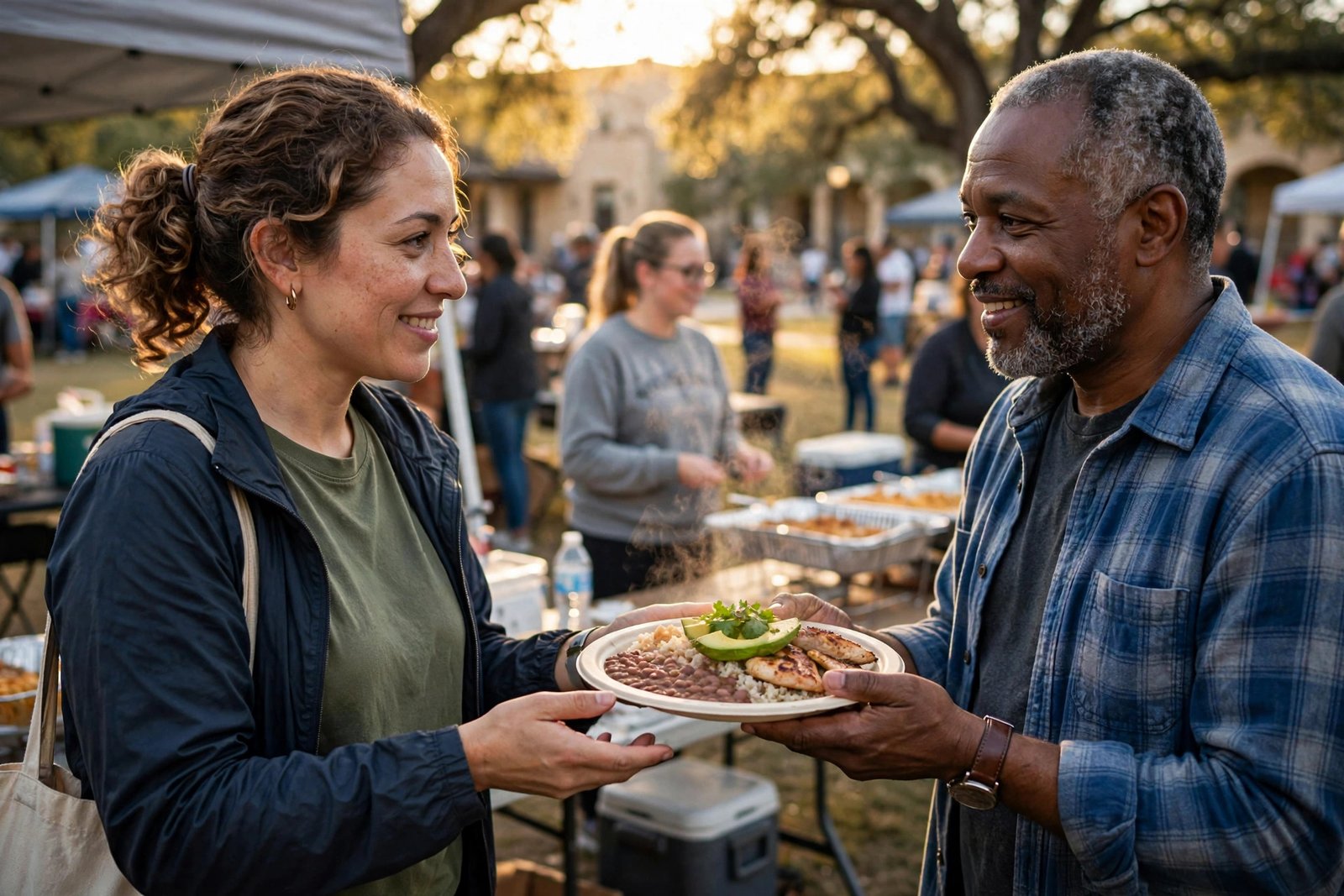 Volunteers serving free hot meals to neighbors at a San Antonio community kitchen
